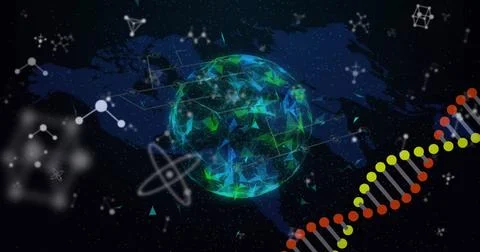Image of dna strand spinning and molecules over globe and world map Illustrazione stock