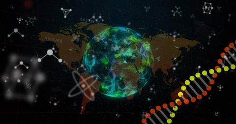 Image of dna strand spinning and molecules over globe and world map Illustrazione stock