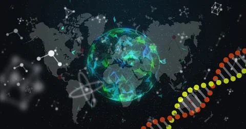 Image of dna strand spinning and molecules over globe and world map Ilustração Stock