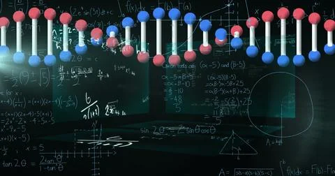 Image of dna strand spinning, data processing and mathematical equations over Stock Illustration