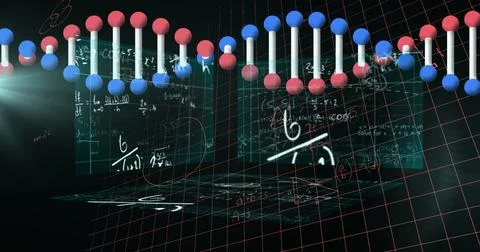 Image of dna strand spinning, data processing and mathematical equations over Stock Illustration