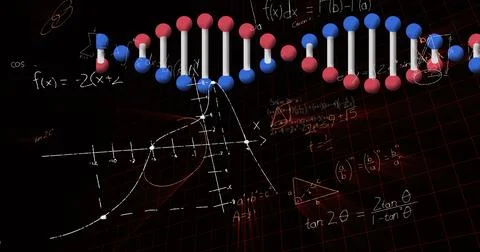 Image of dna strand spinning data processing and mathematical equations 库存插图