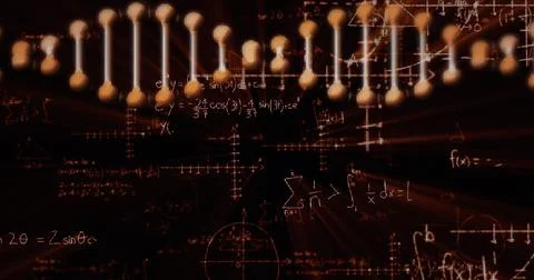 Image of DNA strand spinning with formulae and information on black background Stock Illustration