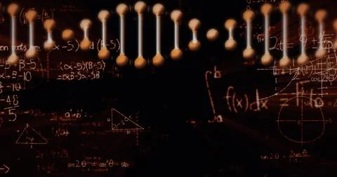 Image of DNA strand spinning with formulae and information on black background Stock Illustration