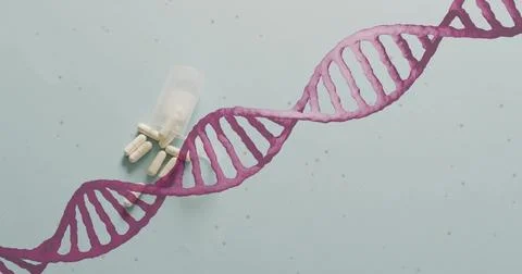 Image of dna strand spinning over pills on white background Stockillustratie