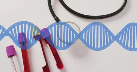 Image of dna strand spinning over test tubes with blood and stethoscope on white Stockillustratie