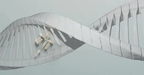 Image of dna strand spinning over pills on white background 스톡 일러스트