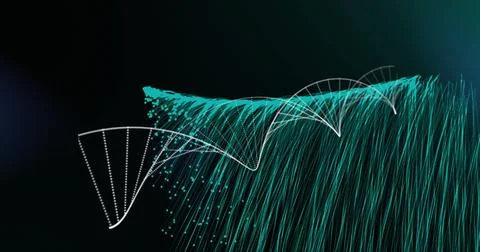 Image of dna strand spinning over glowing green light trails on black background Illustrazione stock