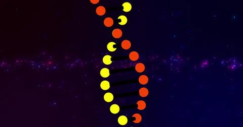 Image of dna strand spinning over glowing neon dots Stock Illustration