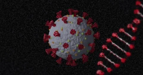 Image of dna strand spinning over covid 19 cell falling on dark background Illustrazione stock