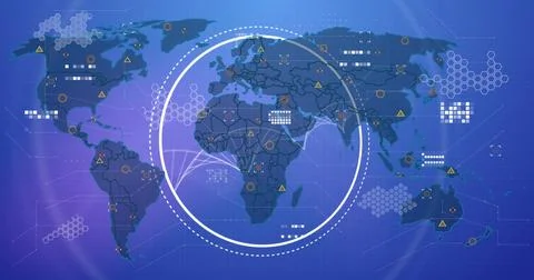 Image of dna strand, world map and data processing Foto stock