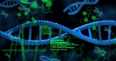 Image of dna strands and data processing on black background Stockillustratie
