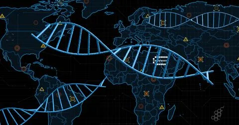 Image of dna strands and data processing over world map with africa highlighted Illustrazione stock