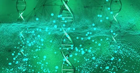 Image of dna strands and mesh of glowing spots on green background Stockillustratie