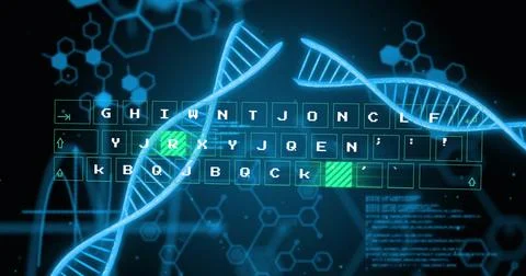 Image of dna strands, data processing on black background Illustrazione stock