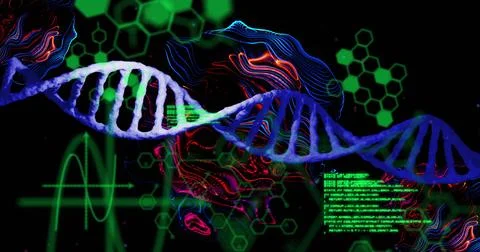 Image of dna strands with data processing over chemical structures Stock Photos