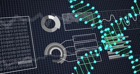 Image of dna strands over data processing on black background Illustrazione stock