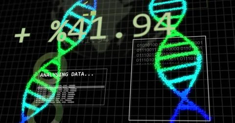 Image of dna strands over data processing on black background Stock Illustration
