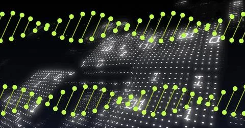 Image of dna strands over data processing on black background Stock Illustration