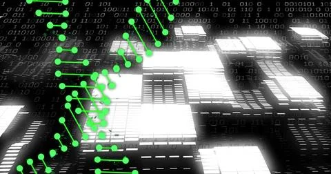 Image of dna strands over data processing and shapes on black background Stock Illustration