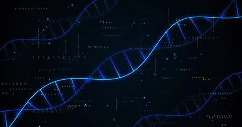 Image of dna strands over data processing on black background Stockillustratie