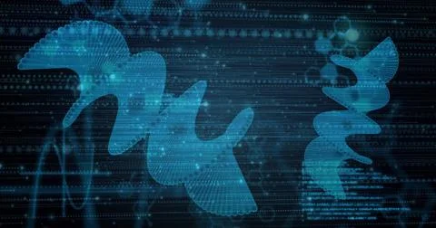 Image of dna strands over data processing and blue spots イラスト素材