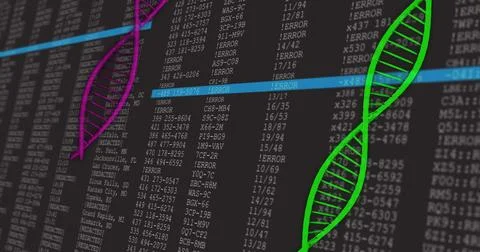 Image of dna strands over data processing Illustrazione stock