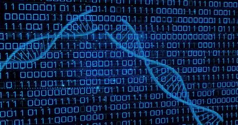 Image of dna strands over data processing Foto stock