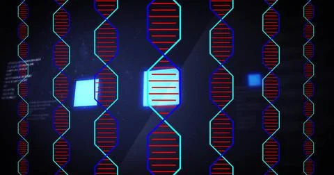 Image of dna strands over data processing on black background 스톡 사진