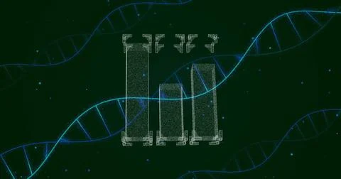 Image of dna strands over digital model on black background Foto stock
