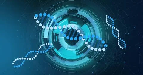 Image of dna strands over scope scanning and shapes Foto stock