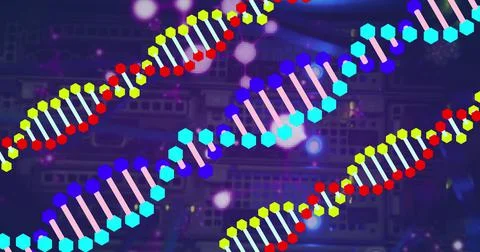 Image of dna strands over server room Illustrazione stock