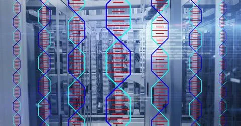 Image of dna strands over server room and data processing Stockfoto's