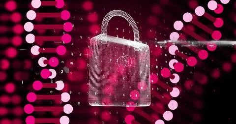 Image of dna strands, scientific data processing over padlock Stock Photos