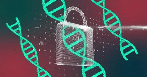 Image of dna strands, scientific data processing over padlock Stock Photos