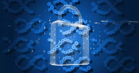 Image of dna strands, scientific data processing over padlock 스톡 사진