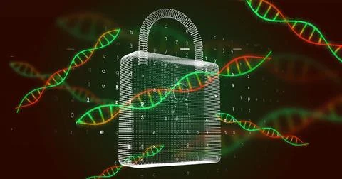 Image of dna strands, scientific data processing over padlock 写真素材