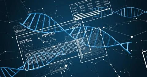 Image of dna strands, screens with data processing Stock Photos