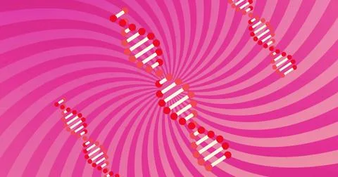 Image of dna strands spinning over pink striped background Stockillustratie