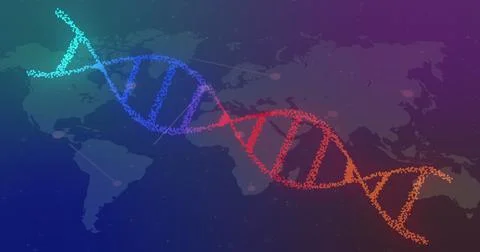 Image of dna strands spinning over world map Ilustração Stock