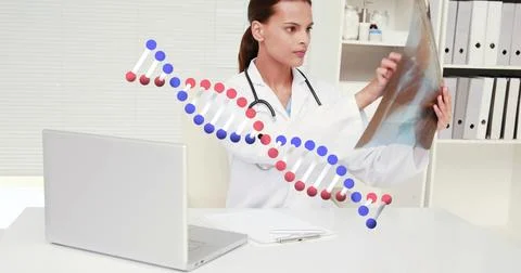 Image of dna structure against caucasian female doctor examining x-ray report at Stockillustratie