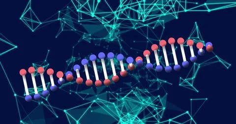 Image of dna structure with networking design in background 스톡 사진