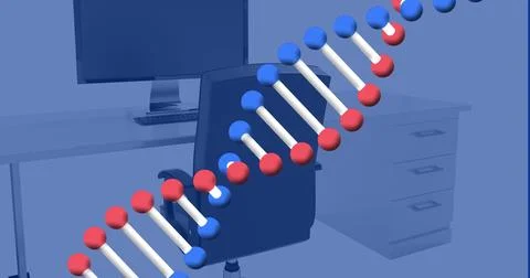 Image of dna structure spinning against computer on office desk Foto stock