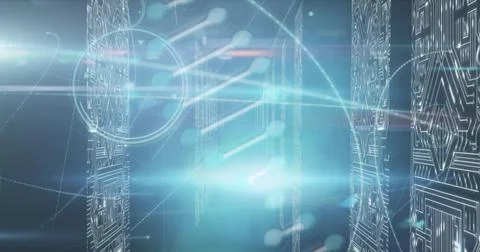 Image of dna structure spinning over screens of microprocessor connections on Foto stock