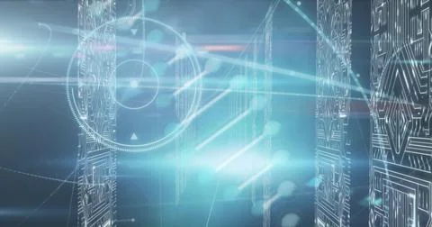Image of dna structure spinning over screens of microprocessor connections on 스톡 사진