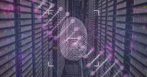 Image of dna structure spinning over biometric fingerprint scanner against 스톡 사진