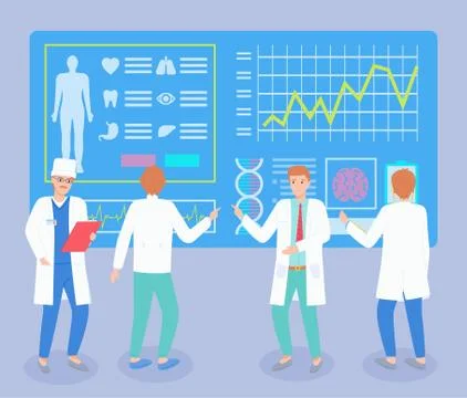 Image of doctors, large table with person silhouette, organs, DNA, cardiogram Stock Illustration