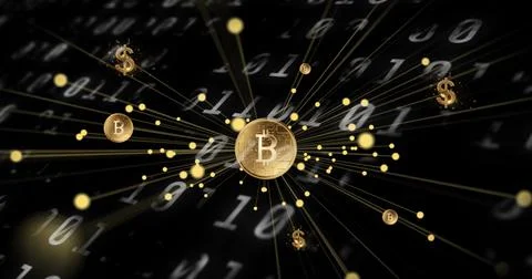 Image of dolar and bitcoin sing over binary coding Illustrazione stock