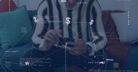 Image of dollar sign, network and data processing over caucasian man using Stock Photos