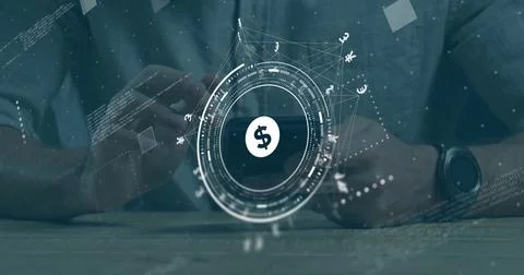 Image of dollar sign, network and data processing over caucasian man using Stock Photos
